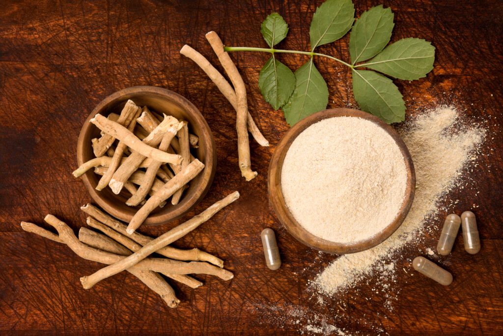Ashwagandha roots, ground roots, and supplements.