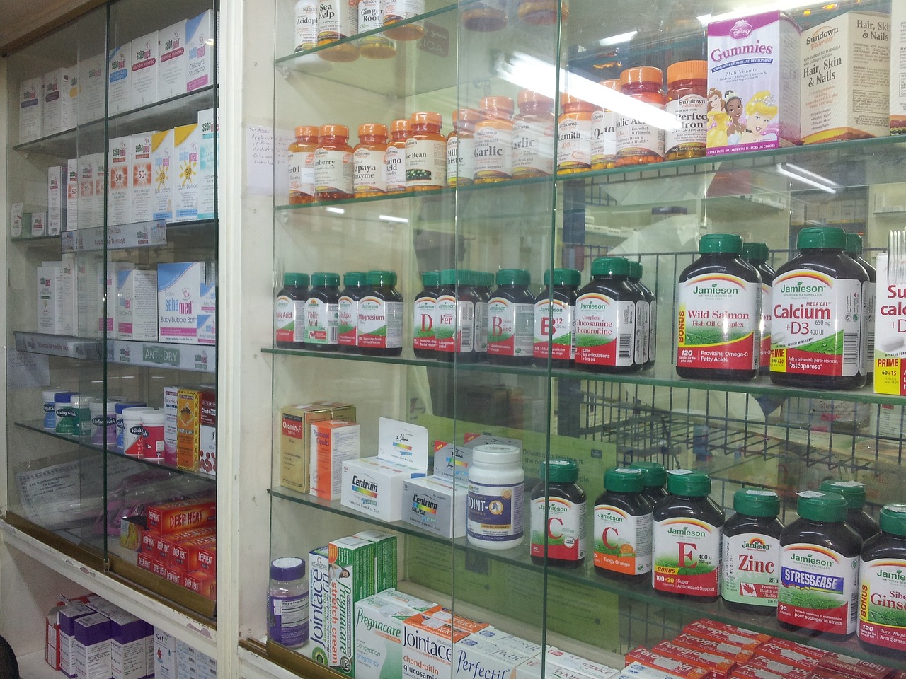 Food supplement bottles in a pharmacy