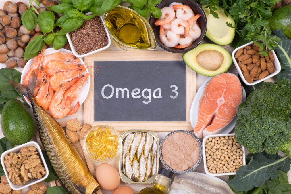 Omega 3 rich foods such as salmon, avocado, walnuts and seeds.
