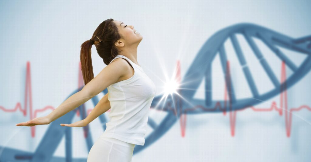 A healthy woman with a dna helix behind her