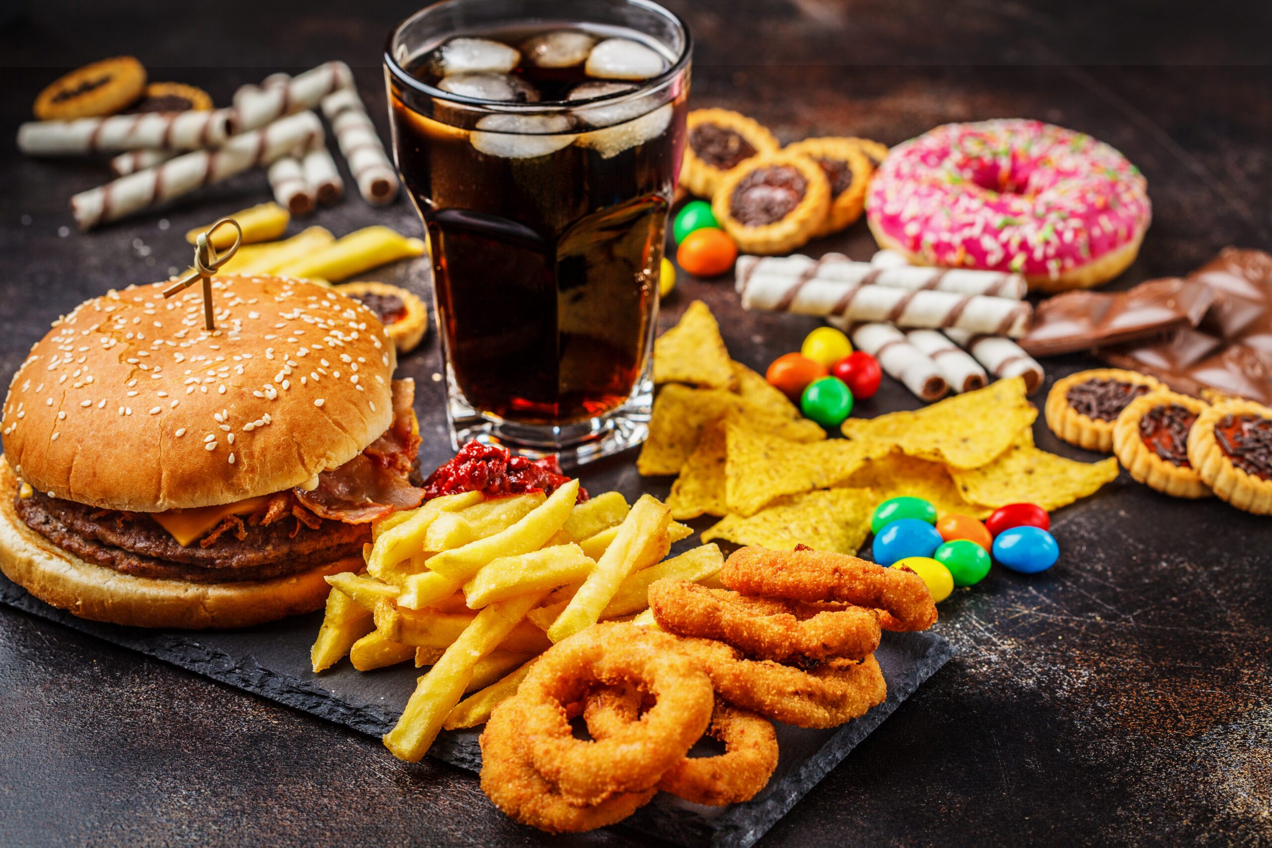 A selection of unhealthy highly processed inflammatory foods.