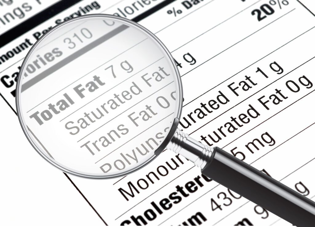 A food label displaying the different types of fat in a product
